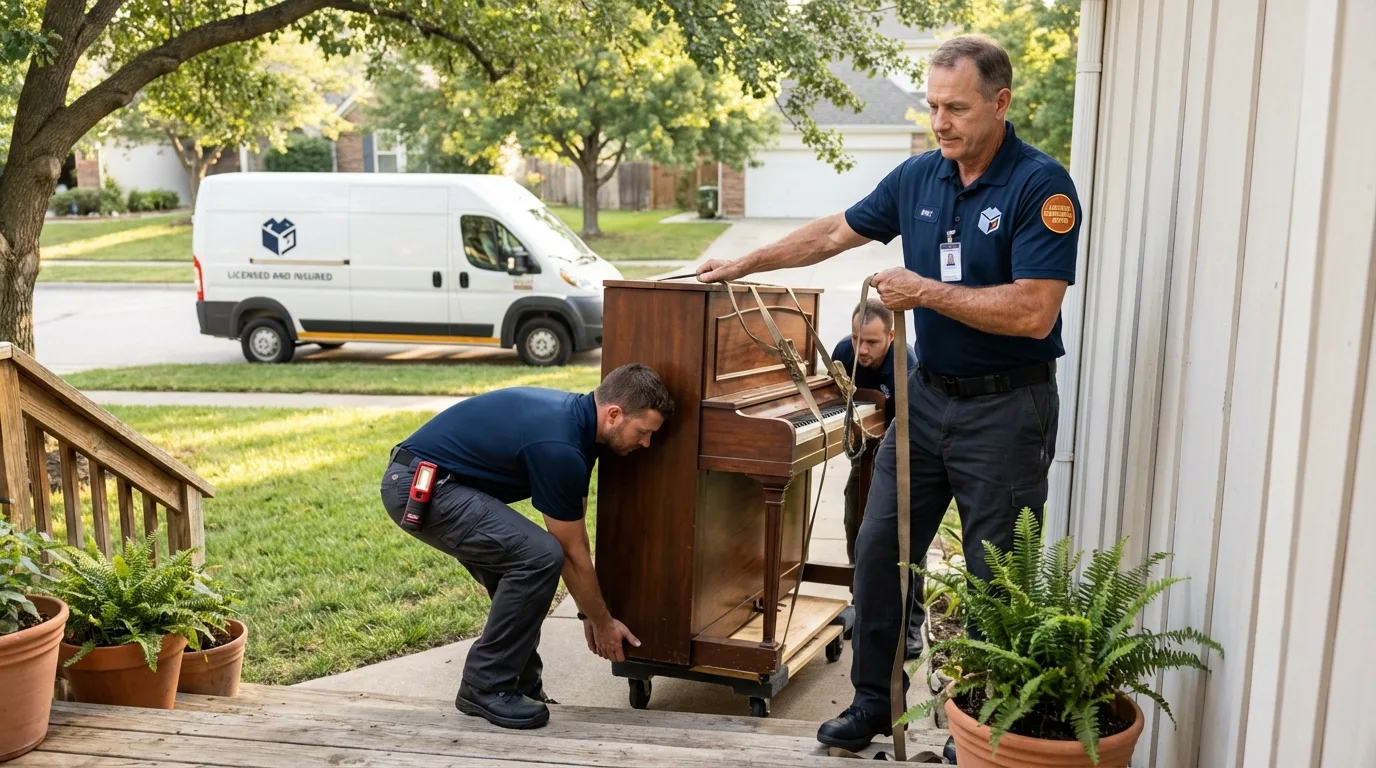 Licensed piano movers securing grand piano in Henderson, NC